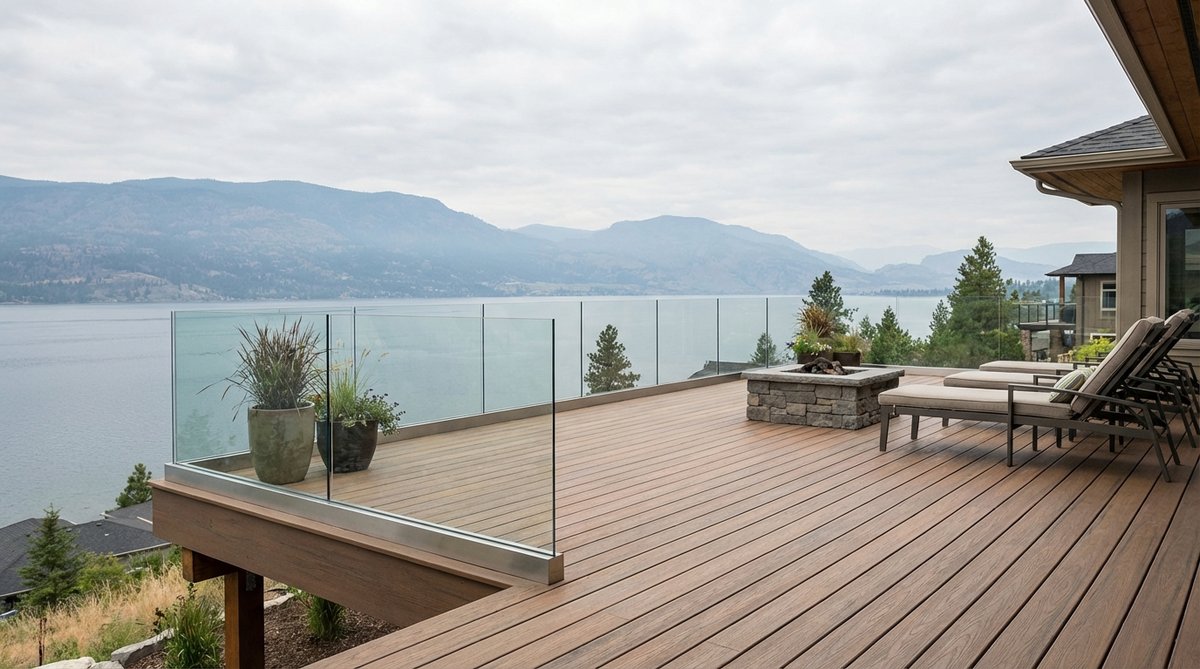 A modern frameless glass railing system installed on an elevated deck, showcasing unobstructed views of the surrounding landscape. The tempered glass panels are secured with minimal stainless steel channels, providing safety while maintaining sleek sightlines. Perfect for decks overlooking water, mountains, or cityscapes.
