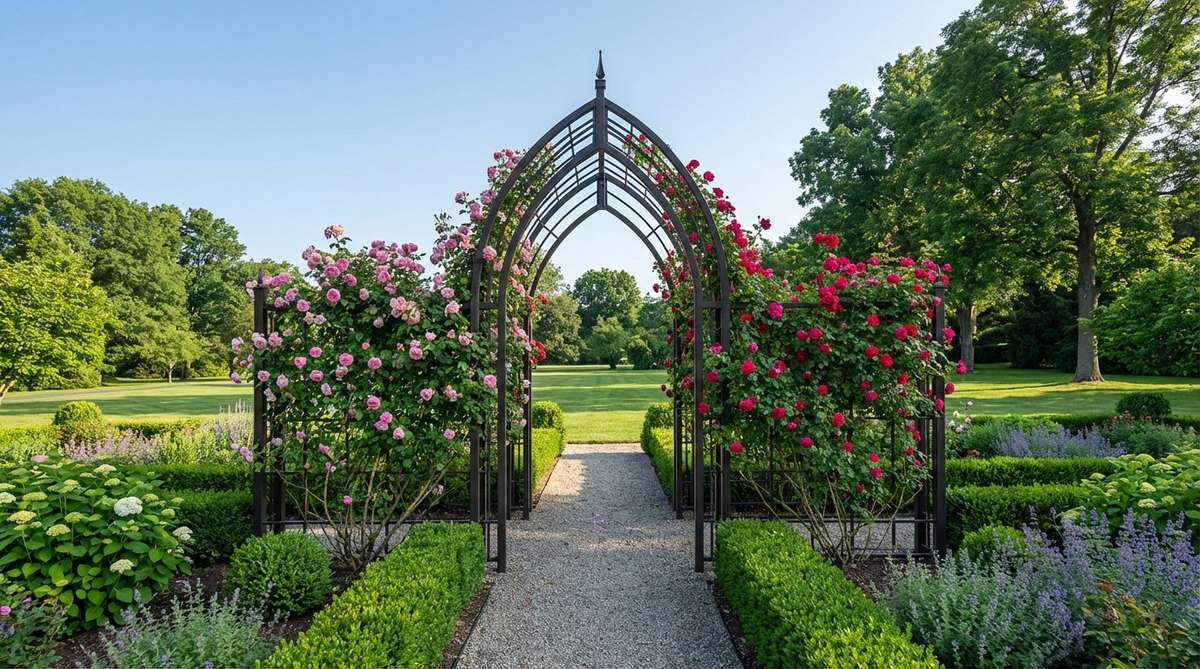 A formal garden with a symmetrical gothic pointed arch structure supporting climbing roses that reach 10-12 feet in height. The vertical drama of the angular arch directs the eye skyward while creating distinct training zones on each side for rose canes.