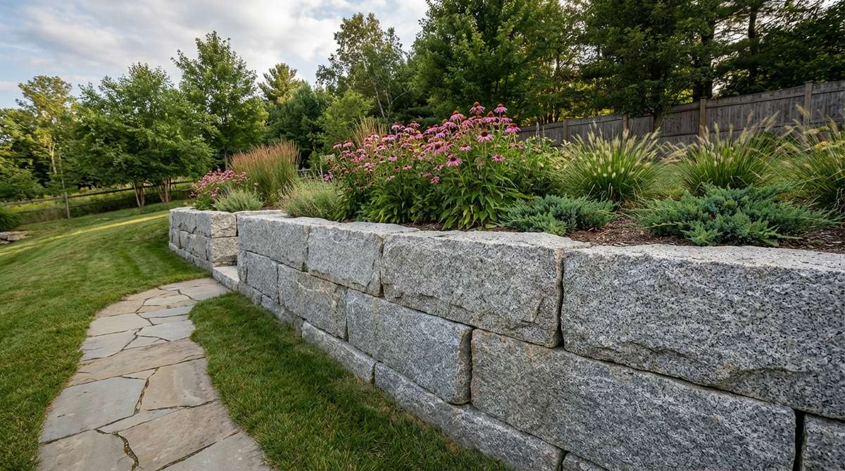 A durable granite retaining wall supporting a raised garden bed on a sloped landscape, showcasing the stone's natural speckled gray color and structural strength for erosion control in high-traffic areas.
