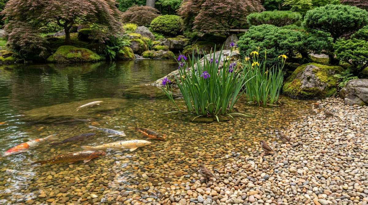 A Japanese garden pond featuring a gravel beach entry with a gradual slope of earth-toned pea gravel, where water gently laps against the shore. Koi fish approach shallow areas for feeding, birds access drinking zones, and water iris plants are rooted in the gravel for natural filtration and stability.