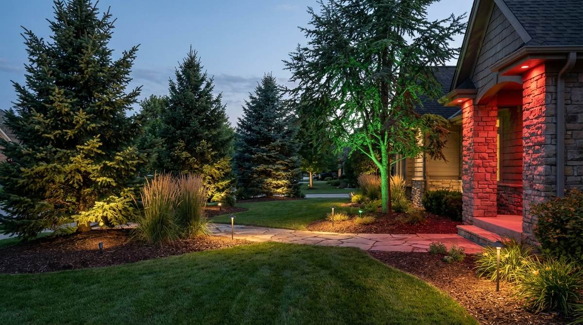 A garden design image showing ground-level spotlight uplighting, with low-voltage landscape spotlights positioned at tree bases and architectural features to cast dramatic upward shadows through branches and against building facades. Red and green filters add color to neutral structures, and fixtures are angled at 30-45 degrees for optimal coverage without glare, ideal for highlighting specimen evergreens, ornamental grasses, and entryway columns.