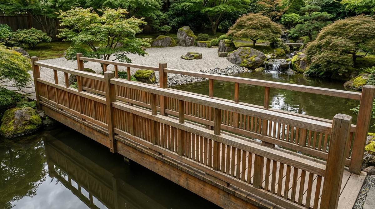 A serene half-picket bridge featuring lower railing panels, designed to preserve panoramic views in a Zen garden while meeting safety codes. This bridge enhances unobstructed sightlines, allowing for peaceful observation of water features and photography without obstruction.