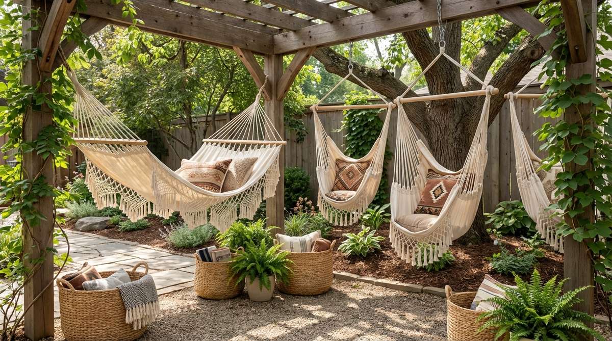 A bohemian-inspired garden corner featuring macrame hammocks and hanging chair swings suspended from sturdy tree branches or pergola beams, adorned with bohemian throw pillows and woven baskets underneath for personal belongings, creating a relaxing and photogenic space for guests.