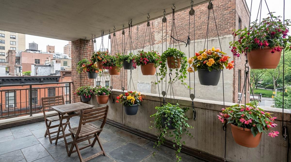 A vertical hanging garden installation on a covered NYC balcony, featuring multiple plant baskets suspended at different heights from ceiling hooks. Shows fuchsias, begonias, and English ivy in lightweight fiberglass planters with a pulley system for easy maintenance.