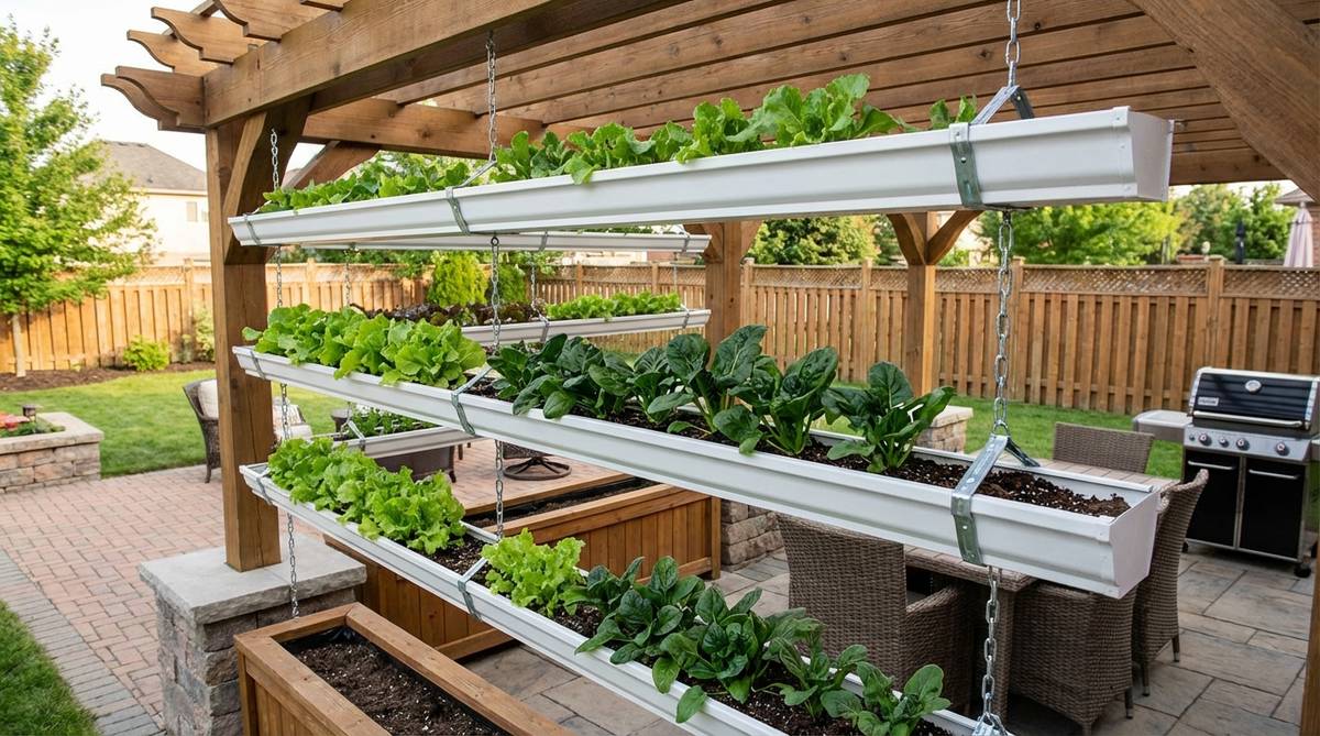 A hanging gutter garden setup with vinyl gutters mounted horizontally, filled with potting mix and planted with lettuce and spinach, suspended from pergola beams for efficient use of overhead space in a terrace garden.