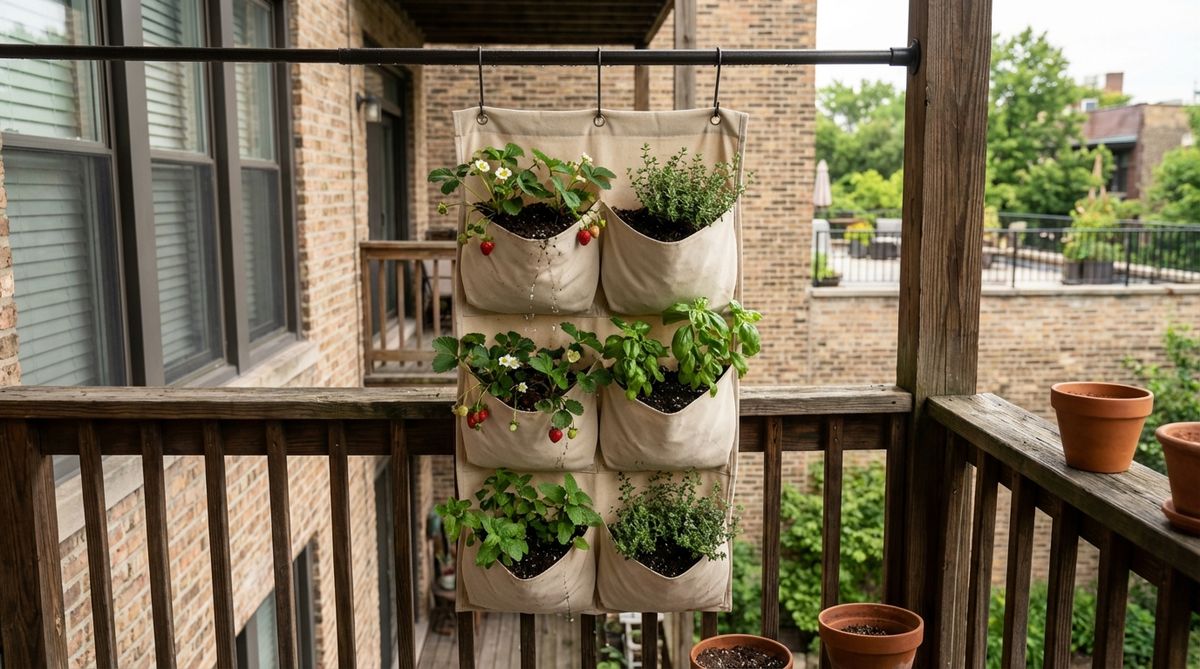 A fabric pocket organizer hanging on a balcony, with multiple pouches filled with soil and small plants like herbs and strawberries, creating a vertical garden. Water drains through the fabric to lower pockets, and it is installed using a tension rod or overhead hooks, ideal for urban balcony gardening.