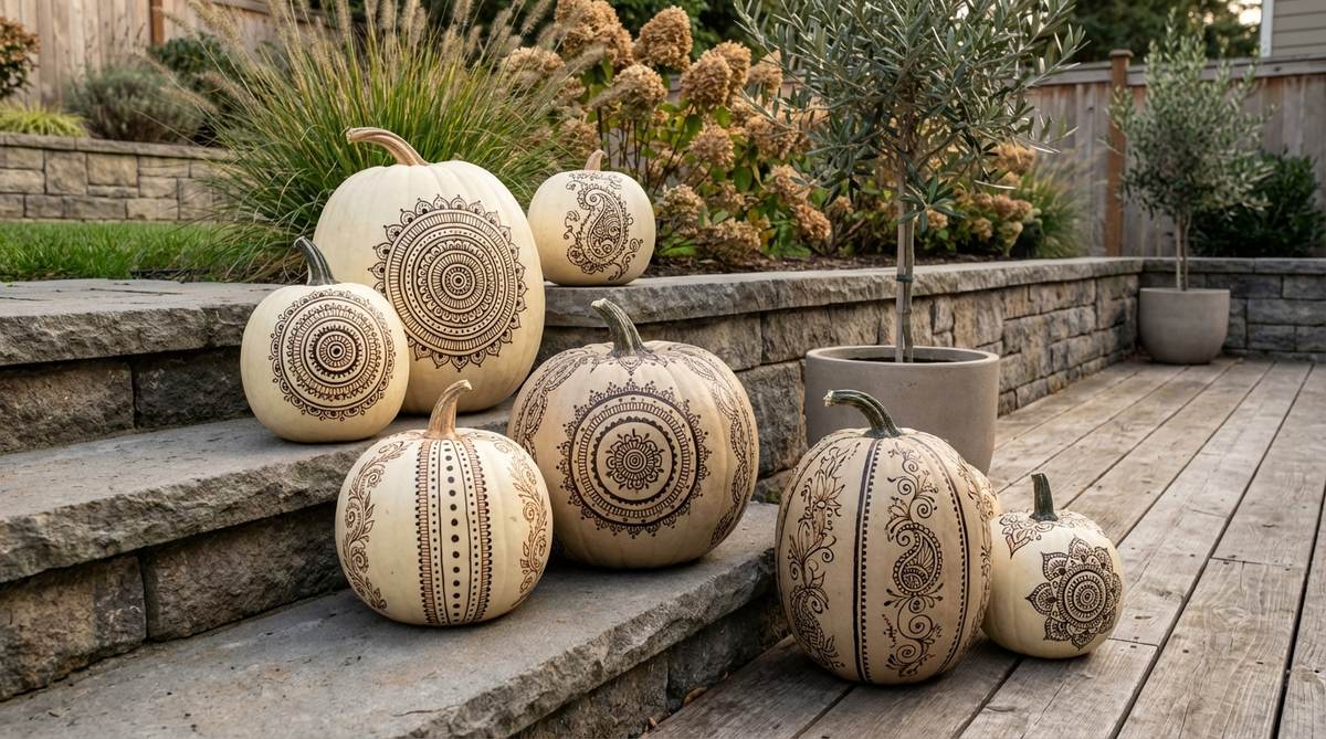 A photo of neutral-colored pumpkins decorated with intricate henna-inspired doodle patterns, including mandalas, paisleys, and botanical motifs, created using permanent markers or paint pens. The design features concentric circles and vertical bands with dots, curves, and fine linework, set against a cream or beige background to enhance the black or brown ink details, ideal for boho Halloween decorations.