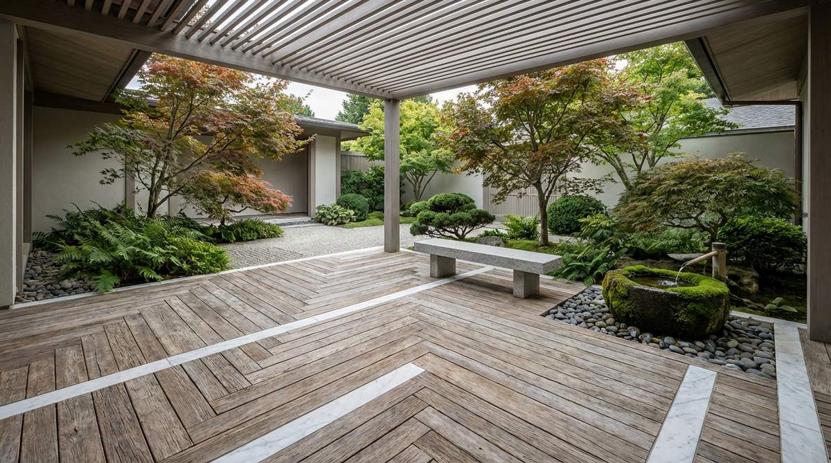 A modern Japanese garden courtyard featuring herringbone-patterned wood planks intersected with white marble strips, blending Italian craftsmanship with Japanese restraint. The fusion creates rhythm through repetition while maintaining a minimalist color palette, suitable for covered areas where weather protection allows wood-marble combinations. The pattern guides foot traffic while adding subtle sophistication without dominating the garden composition.