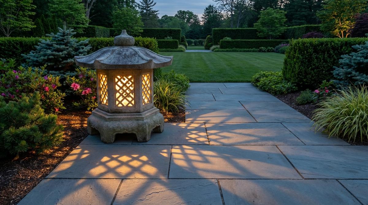 A Japanese hexagonal platform lantern with six-sided fire chamber and window cutouts casting patterned light on stone surfaces. This geometric lantern style creates dramatic shadows and complements formal garden layouts with rectilinear paving patterns.