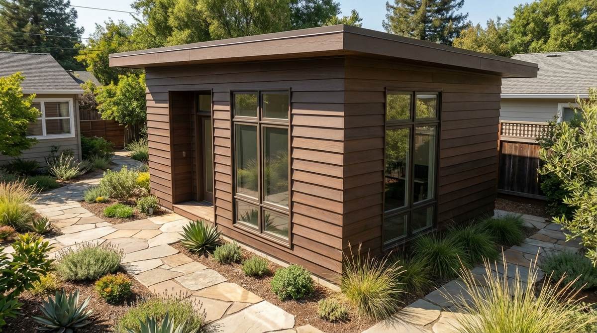 A modern garden shed office featuring horizontal lap siding in espresso or rich brown tones, with overlapping planks creating subtle shadow lines. The design includes 8-inch reveal spacing and bronze aluminum window frames, ideal for transitional landscapes and narrow lots.
