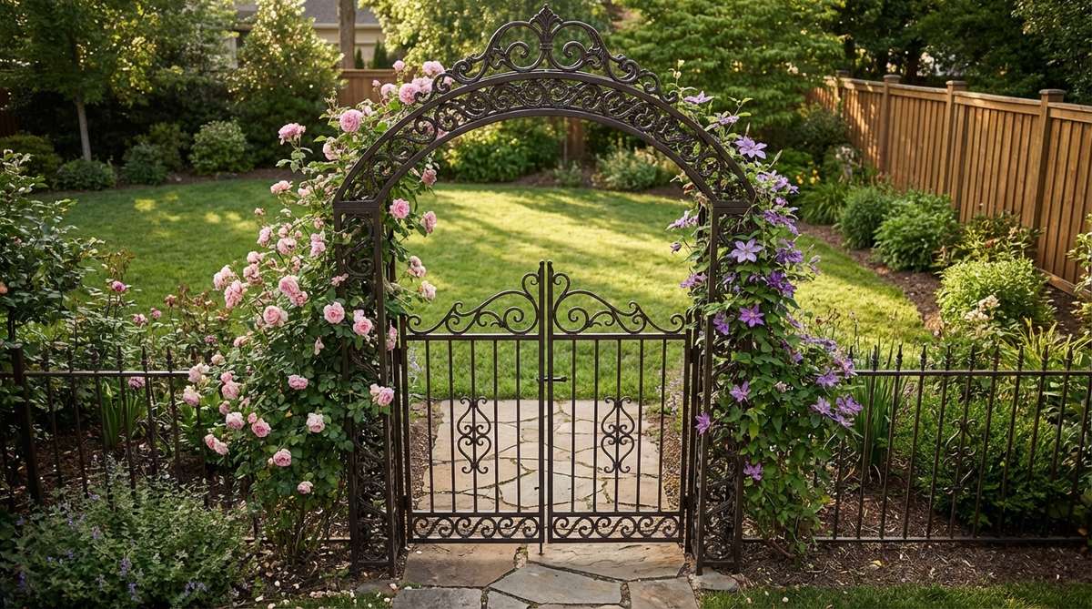 An ornate iron garden arbor with a functional gate, featuring Victorian scrollwork on both the arch and gate panels. This decorative metal structure creates a charming transition between garden spaces, perfect for training climbing roses or clematis while maintaining secure access.