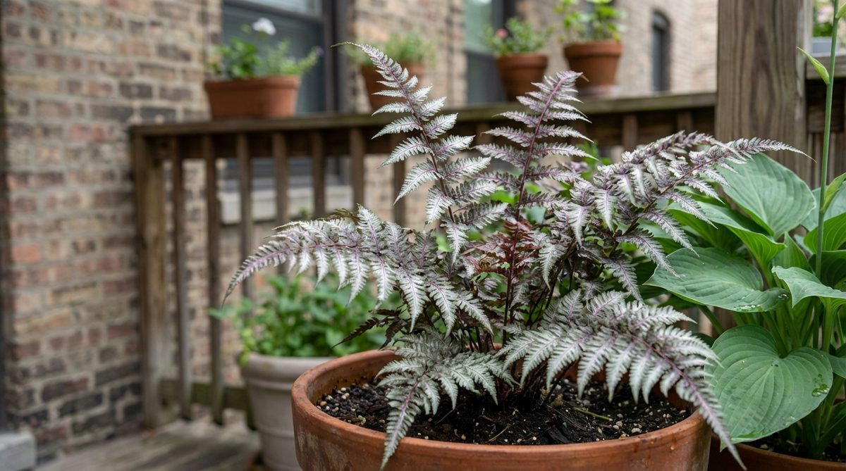 A close-up photo of a Japanese Painted Fern with silver and burgundy fronds, showcasing its metallic shimmer in a shaded container on an urban balcony. The fine-textured foliage sways gracefully, paired with solid-leaved hostas for contrast, illustrating ideal care for wind protection and moisture maintenance.