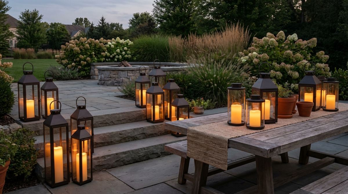 Metal or glass lanterns with battery-operated LED candles arranged on outdoor tables and steps. The lanterns are grouped in odd numbers with varying heights, featuring realistic flicker patterns and warm color temperatures. Made from weather-resistant materials like powder-coated steel or sealed glass for safe outdoor use.
