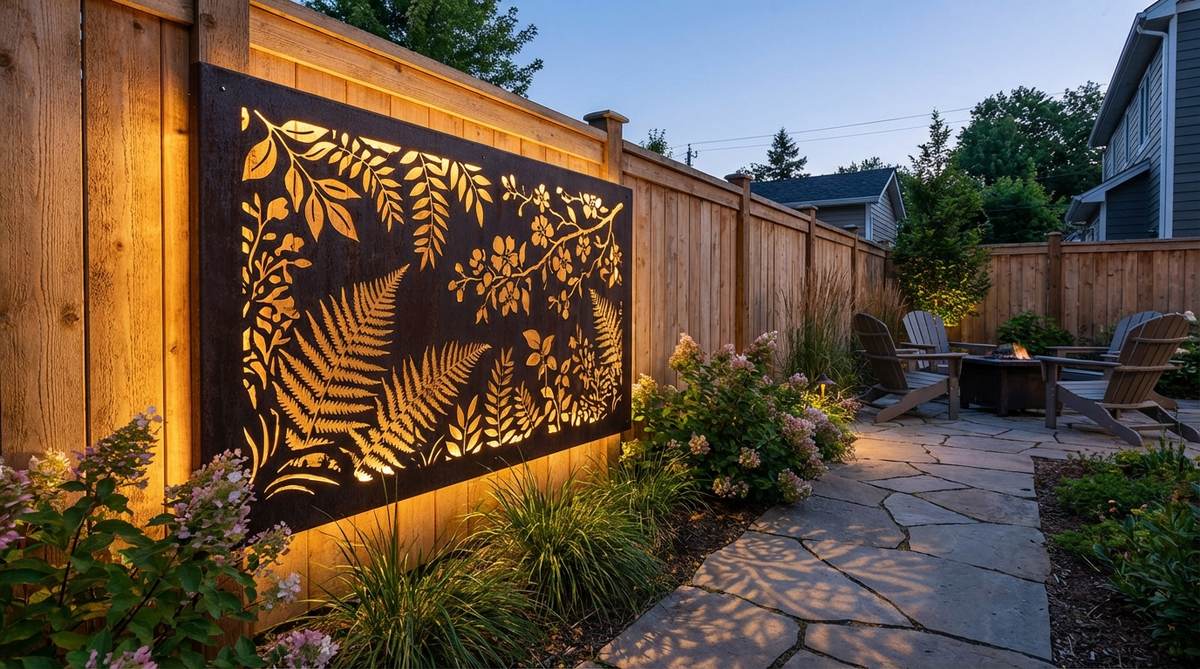 Precision laser-cut metal botanical silhouettes featuring leaves, ferns, and flowering branches for outdoor wall decor. These nature-inspired art pieces create delicate lace-like patterns that can be layered for depth and backlit with LED strips for glowing nighttime installations.