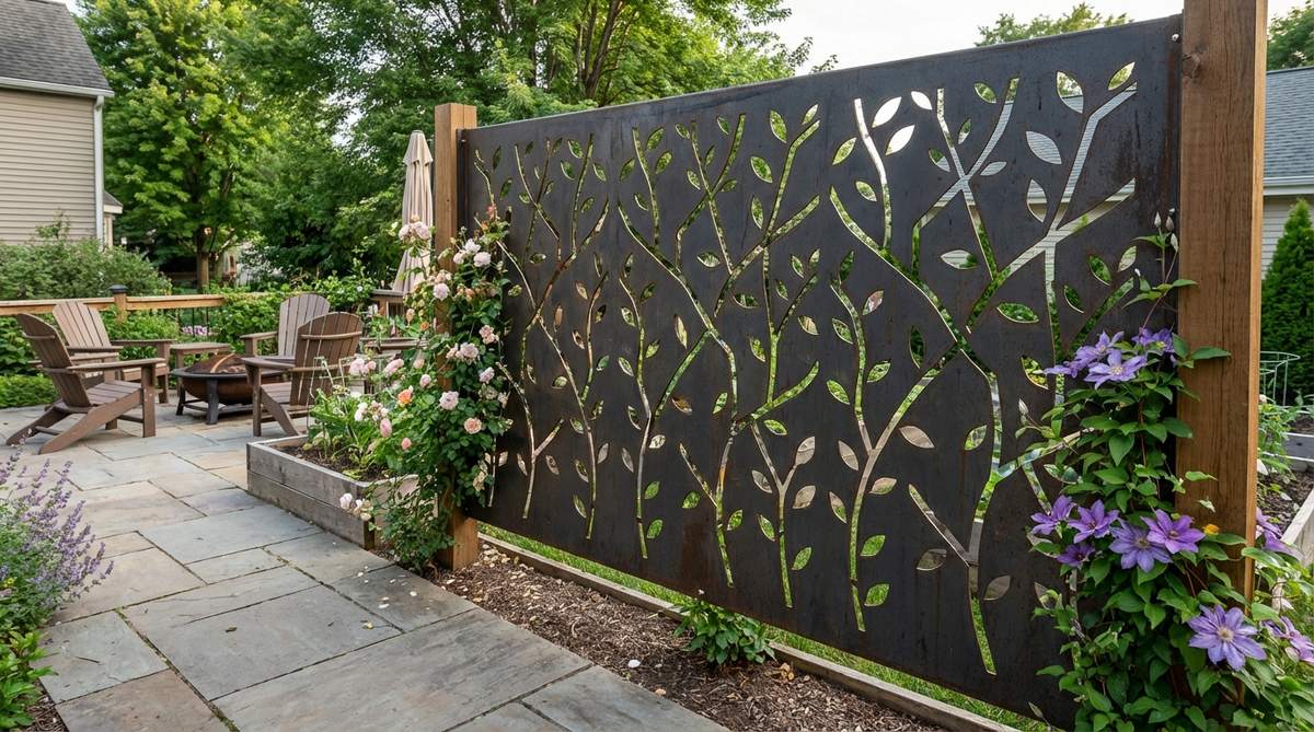 A decorative laser-cut metal panel used as a modern garden trellis, featuring intricate geometric or organic patterns that add visual interest and architectural detail, designed to support climbing plants while maintaining structural integrity.
