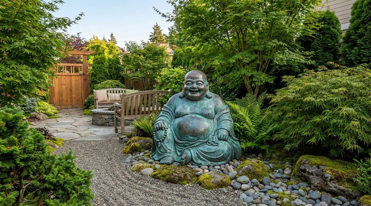 A jolly Laughing Buddha statue in a zen garden, with a rotund belly and wide smile, cast in copper or bronze to develop a rich blue-green patina that contrasts beautifully with surrounding foliage. Positioned near seating areas or entrances to welcome guests with positive energy, this statue introduces warmth and joy while balancing austere zen elements, reminding viewers to embrace contentment and celebrate life's simple pleasures.