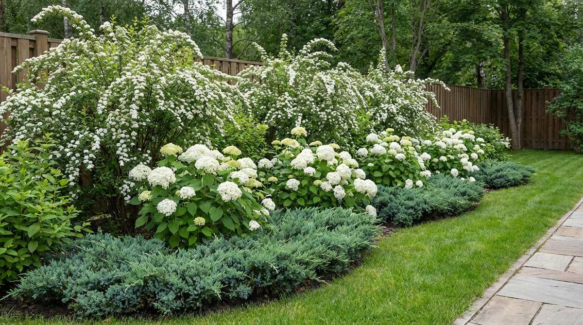 A tiered shrub border showing staggered heights with low-growing junipers in front, medium hydrangeas in the middle, and taller spiraea shrubs in back. Demonstrates how to create depth and visual interest in narrow garden beds through strategic plant layering.