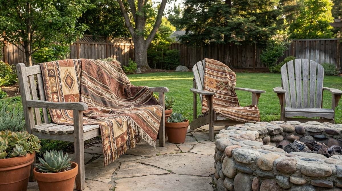 Waterproof throw blankets draped over outdoor seating in a garden setting, with fleece backing for warmth and easy storage in weatherproof deck boxes nearby.