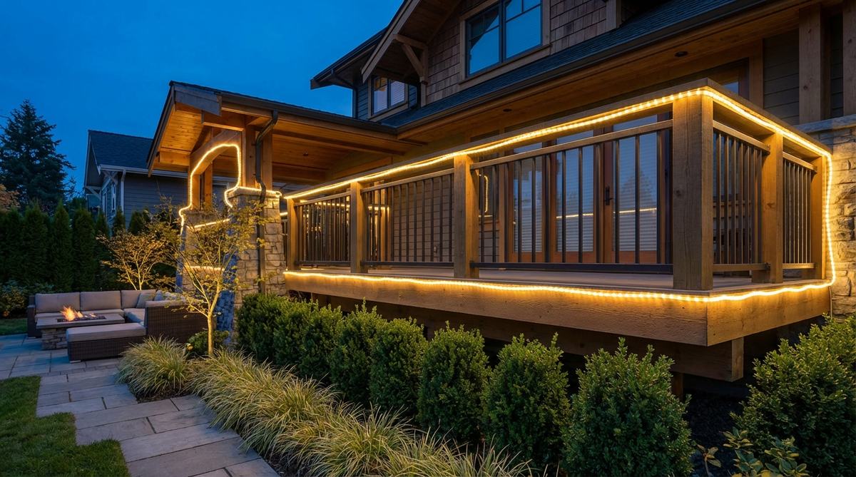 LED rope lights providing continuous illumination along balcony railing top rails and bottom edges, with flexible tubing conforming to angular or curved configurations for minimalist Christmas displays.