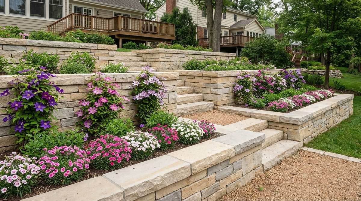 A garden terrace constructed with cut limestone blocks creating clean lines on a steep slope. The warm beige to gray stone complements both traditional and contemporary architecture, with planting areas featuring clematis and dianthus. The blocks are installed with a compacted gravel base and construction adhesive for stability.