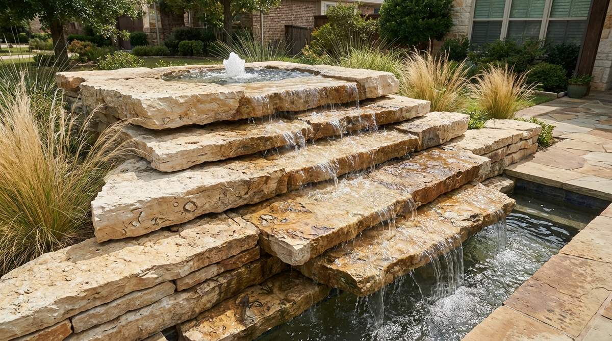 A limestone ledge fountain with stacked flat limestone slabs creating horizontal layers that produce sheet waterfall effects. Water bubbles from the top surface and sheets across each ledge before dropping to the next level. The sedimentary stone displays cream to tan colorations with fossil inclusions, developing an attractive patina as minerals deposit on surfaces. The fountain is paired with ornamental grasses like Mexican feather grass for textural contrast.