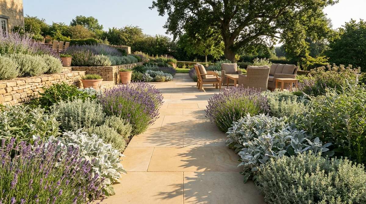 A warm, buff-colored limestone slab walkway with a silky texture and subtle patina, spaced for a leisurely pace through ornamental gardens, paired with silver-foliaged plants and lavender for a cohesive Mediterranean aesthetic.