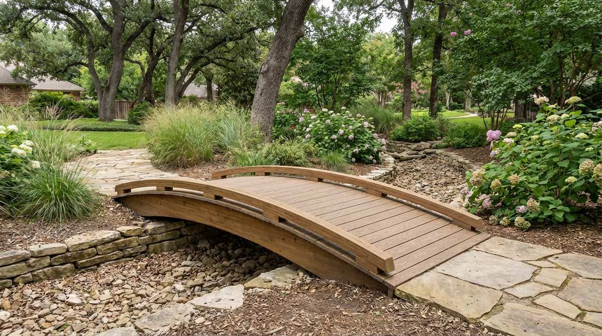 A subtle arched garden bridge with minimal rise, ideal for accessibility over shallow streams or dry beds, featuring non-slip decking for safety in wet conditions.