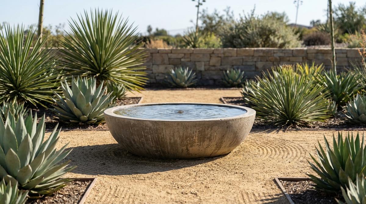 A minimalist circular garden fountain bowl with textured interior surfaces creating subtle water patterns. The low-slung design sits at knee height to preserve garden views, perfect for modern rock gardens with clean lines, decomposed granite, and architectural succulents.