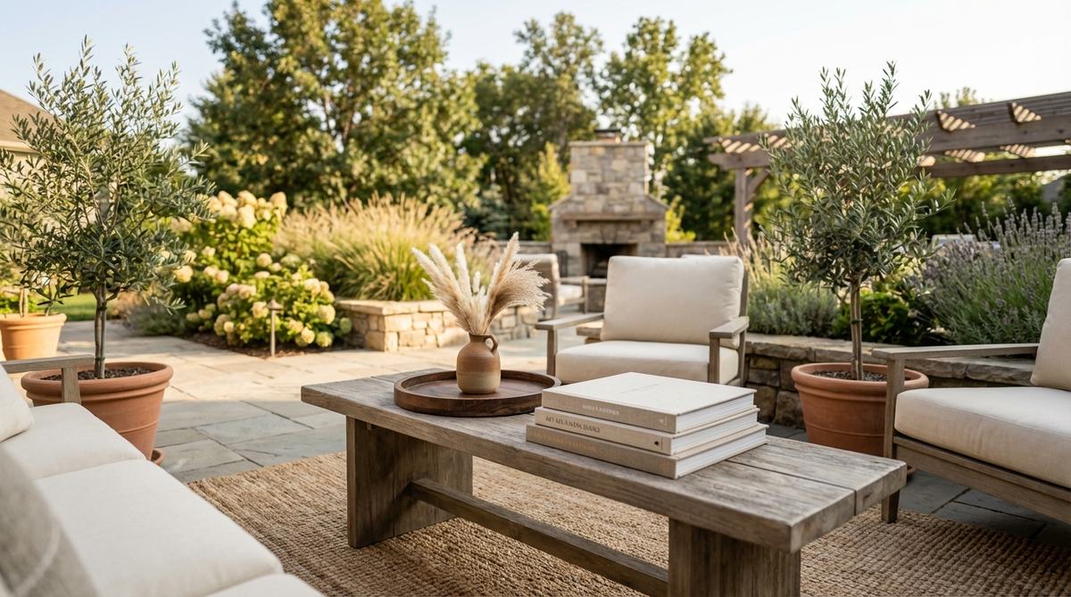 A low wooden bench repurposed as a coffee table, featuring raw natural texture and clean lines that blend modern aesthetics with boho warmth. Styled minimally with a small tray, ceramic vase, and stack of art books for a cohesive centerpiece in a modern boho living room.