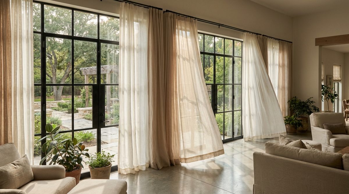 A large factory-style window with black metal frames, featuring lightweight linen or cotton curtains in natural off-white or soft beige. The flowing curtains add movement and warmth while allowing natural light to filter through, contrasting beautifully with the rigid industrial frame in an open-plan living area.