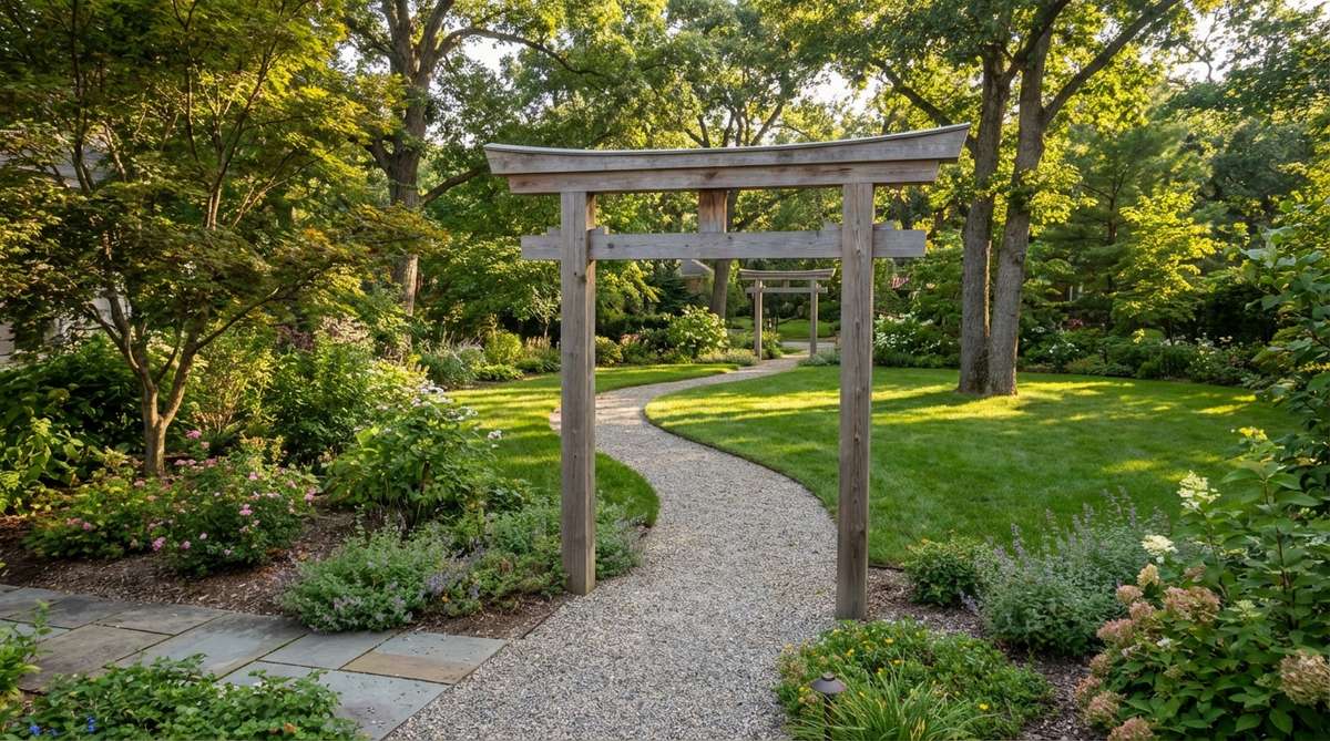 A scaled-down torii gate measuring 36-48 inches in height, constructed with 4x4 posts and proportionally sized crossbeams. This compact structure marks secondary garden paths or frames specific views without dominating sightlines, painted in traditional vermilion or left natural depending on the surrounding plant palette. Installed in sequences along walkways with 15-20 foot spacing to create rhythmic progression while maintaining individual presence.