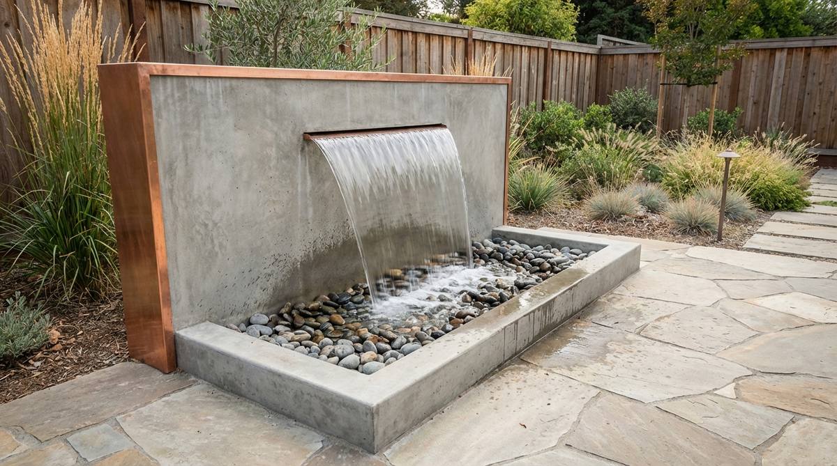 A contemporary wall fountain featuring cast concrete with a copper edge, creating a precise linear water drop into a rectangular basin. This minimalist design suits modern landscapes and provides subtle ambient sound.