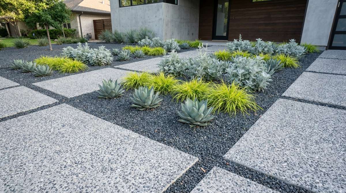 A modern front yard garden featuring a monochrome design with light gray to charcoal gravel, using texture variation for subtle zoning. Coarse aggregate defines pathways, while fine crushed granite fills planting areas. Plants like silver artemisia, blue agave, and chartreuse sedge provide foliage color interest within a neutral palette, repeated in staggered masses for visual calm, complementing contemporary home architecture.