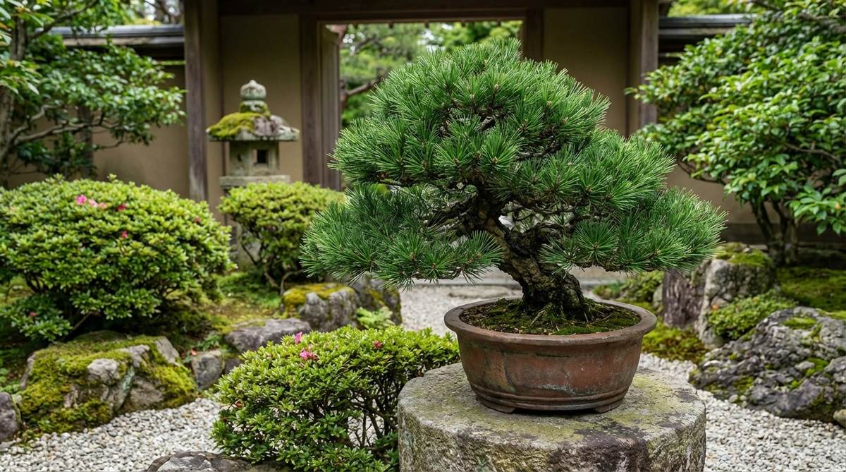 A compact Mountain Pine (Pinus mugo) bonsai with dense branching and short internodes, showcasing its natural silhouette in a Japanese garden setting. This European-origin species is known for its cold hardiness and requires early-season pinching to maintain pad definition during summer growth.