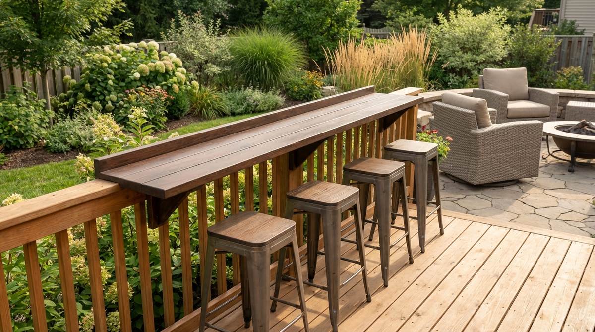 A slim bar-height table mounted on a deck railing with backless stools, designed to maximize space and create a contemporary dining ledge that complements garden furniture.