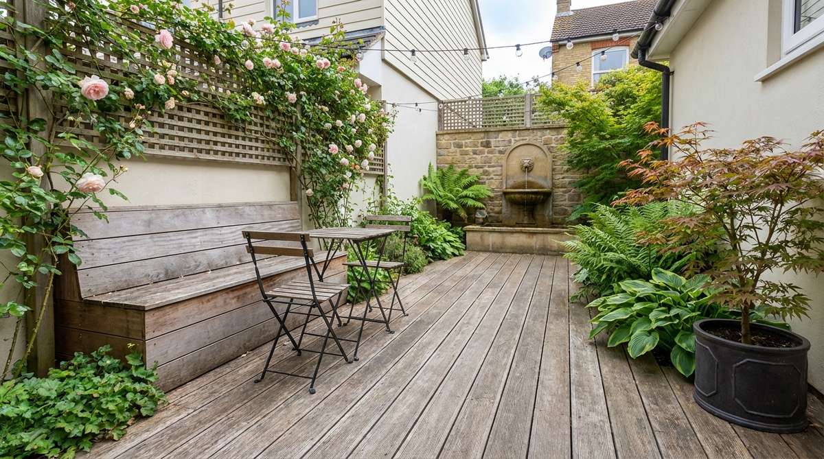 A narrow side access strip transformed into a functional decking corridor with a bench and small bistro table, featuring lengthwise decking installation, consistent lighting, and a focal point like a wall fountain or specimen plant.