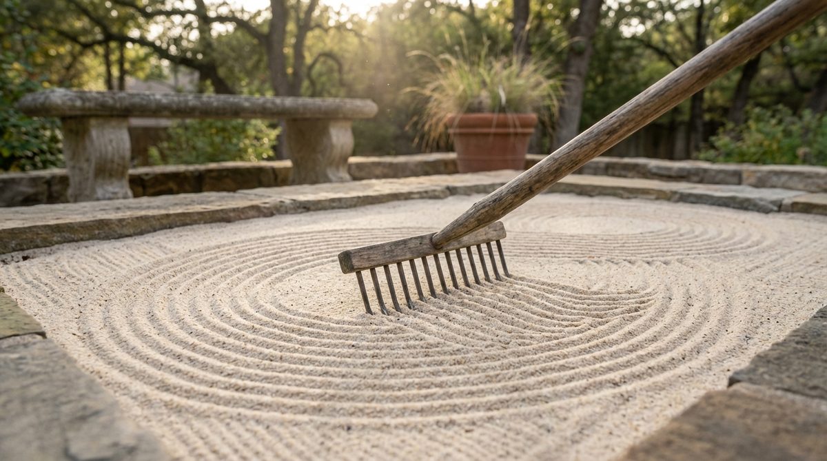 A close-up view of a narrow-tine precision rake, with tines spaced 5-8mm apart, creating intricate patterns like the stylized wave pattern (seigaihamon) in fine sand. Ideal for detailed work in zen gardens, colored sand, or miniature landscapes, with crisp lines that last in protected environments.