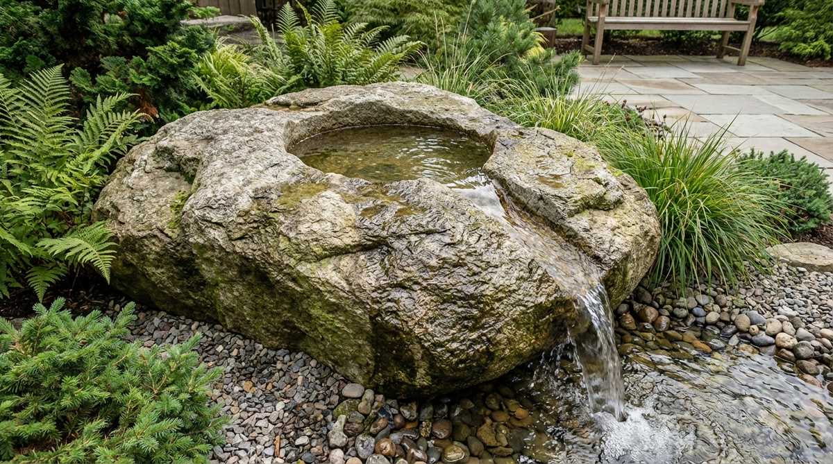 A large natural boulder transformed into a water basin with a carved spillway, showcasing water cascading across the irregular stone surface in a zen garden setting. The feature demonstrates how stonemasons hollow central cavities and create channels for controlled water flow, with the boulder weighing over 500 pounds for stability and the basin depth of 4-6 inches to maintain water volume.