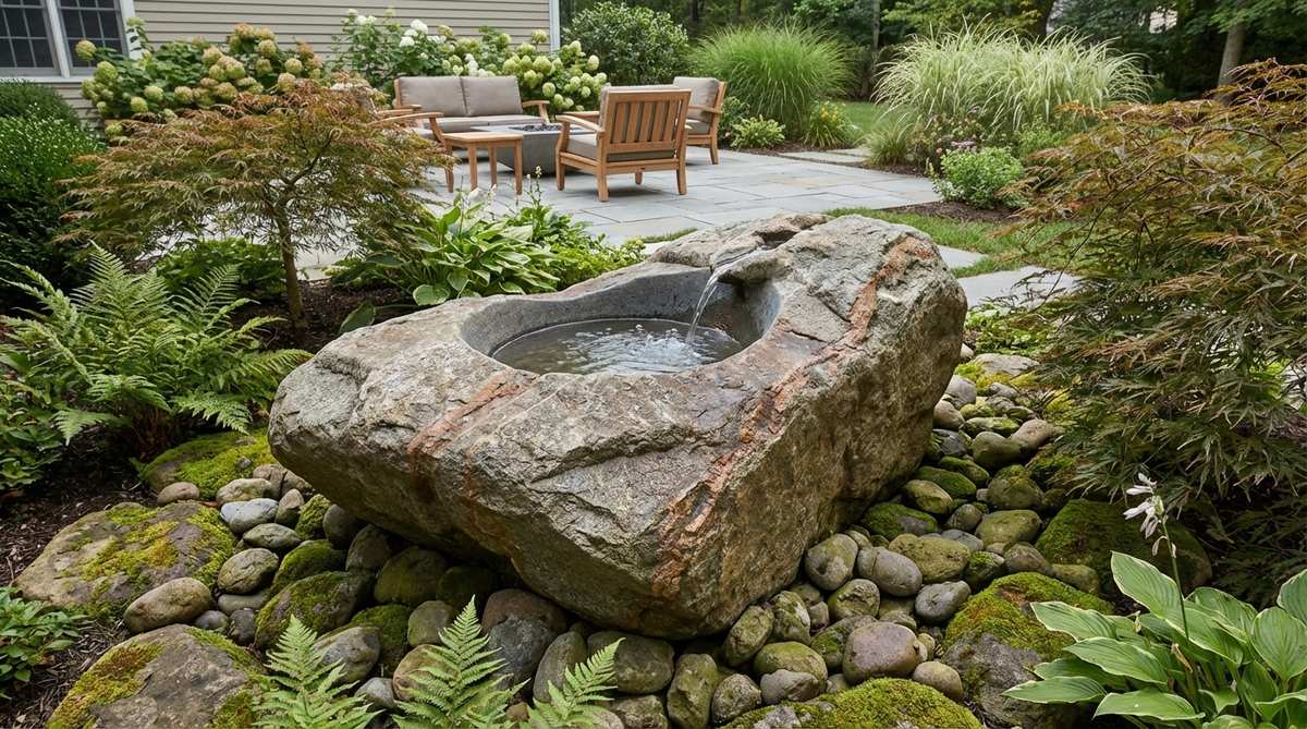 A Japanese garden water feature showcasing a natural river rock basin, hand-carved from a single large boulder with a weathered exterior and smooth interior bowl, highlighting unique mineral deposits and striations for organic appeal.
