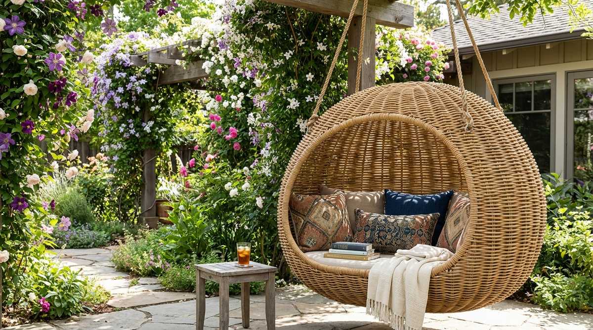 A fully enclosed natural wicker hanging pod suspended in a boho-style garden, featuring 350-degree woven walls that create a cocoon-like structure for shade and privacy while allowing airflow through woven gaps. The pod is positioned near flowering vines with waterproof cushions inside, creating an ideal shaded reading nook in a sunny garden setting.