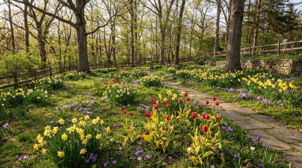 A garden aesthetic featuring naturalized spring bulbs like daffodils, crocus, and species tulips planted in informal drifts beneath deciduous trees. The bulbs are arranged in irregular groups with odd numbers, creating ephemeral displays that naturalize over years. Foliage is shown yellowing naturally to support next season's blooms, illustrating sustainable gardening practices.