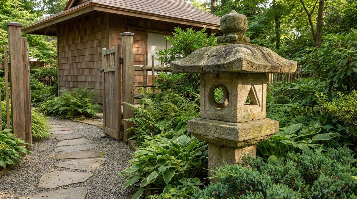 A Japanese Oribe-doro tea garden lantern featuring square light compartments with circular, square, triangular, and arched openings on each side, embodying wabi-sabi philosophy through intentional imperfection. Installed near teahouse entrances or along roji paths, it creates distinct light patterns that reward slow observation.