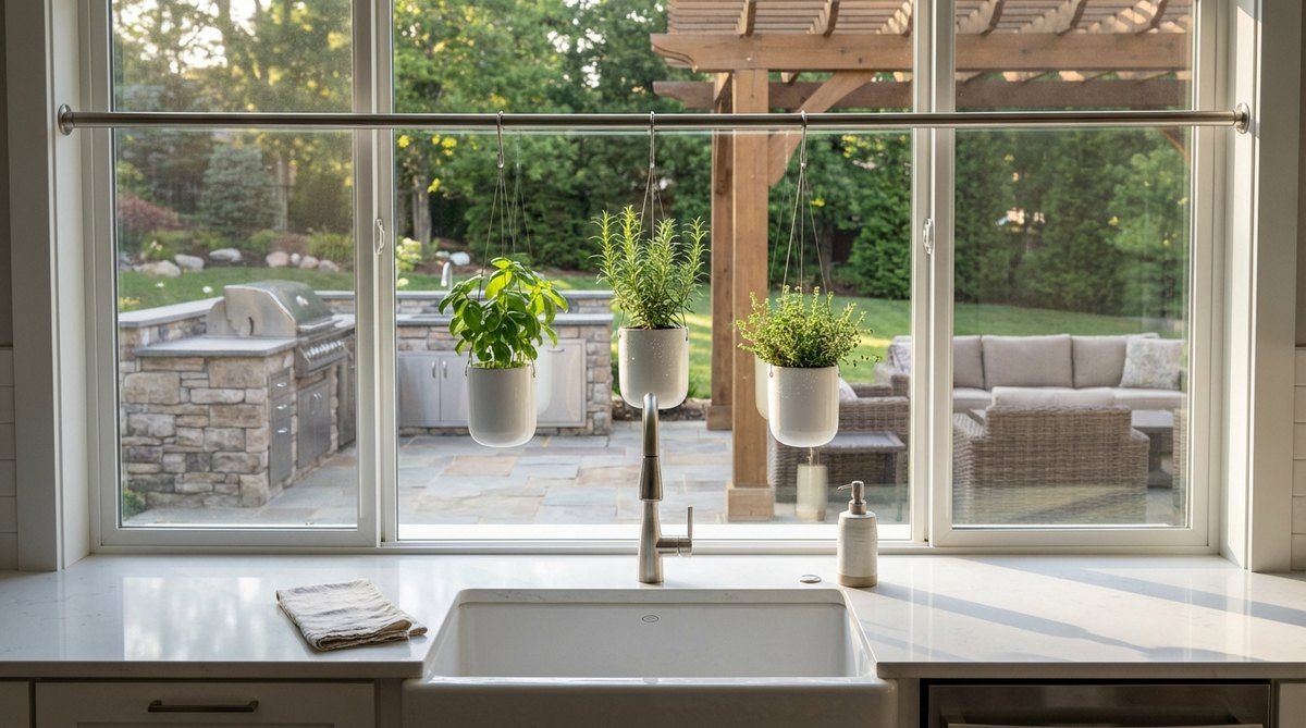 A modern kitchen setup with slim metal bar spanning a sink window, featuring sleek white hanging planters suspended above the faucet. Herbs are visible in the planters, positioned to catch light from the window and occasional splashes from dishwashing. The arrangement creates a café-like atmosphere while conserving counter space on both sides of the sink.