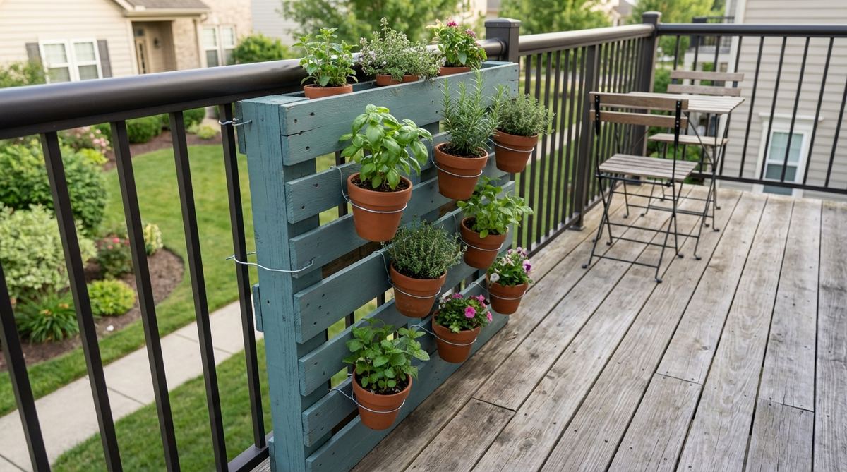 A rustic wooden pallet repurposed as a vertical garden wall on a balcony, featuring small potted herbs and plants attached to the slats with wire, painted in a complementary teal color that contrasts with smooth metal railings.