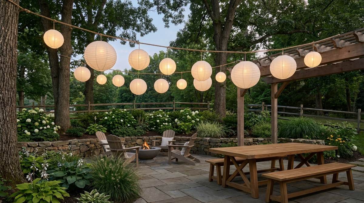 Weather-resistant paper globe lanterns in graduated sizes create a floating canopy effect for outdoor decor. Hung at staggered heights between 6-9 feet with battery-operated LED inserts for safe illumination.