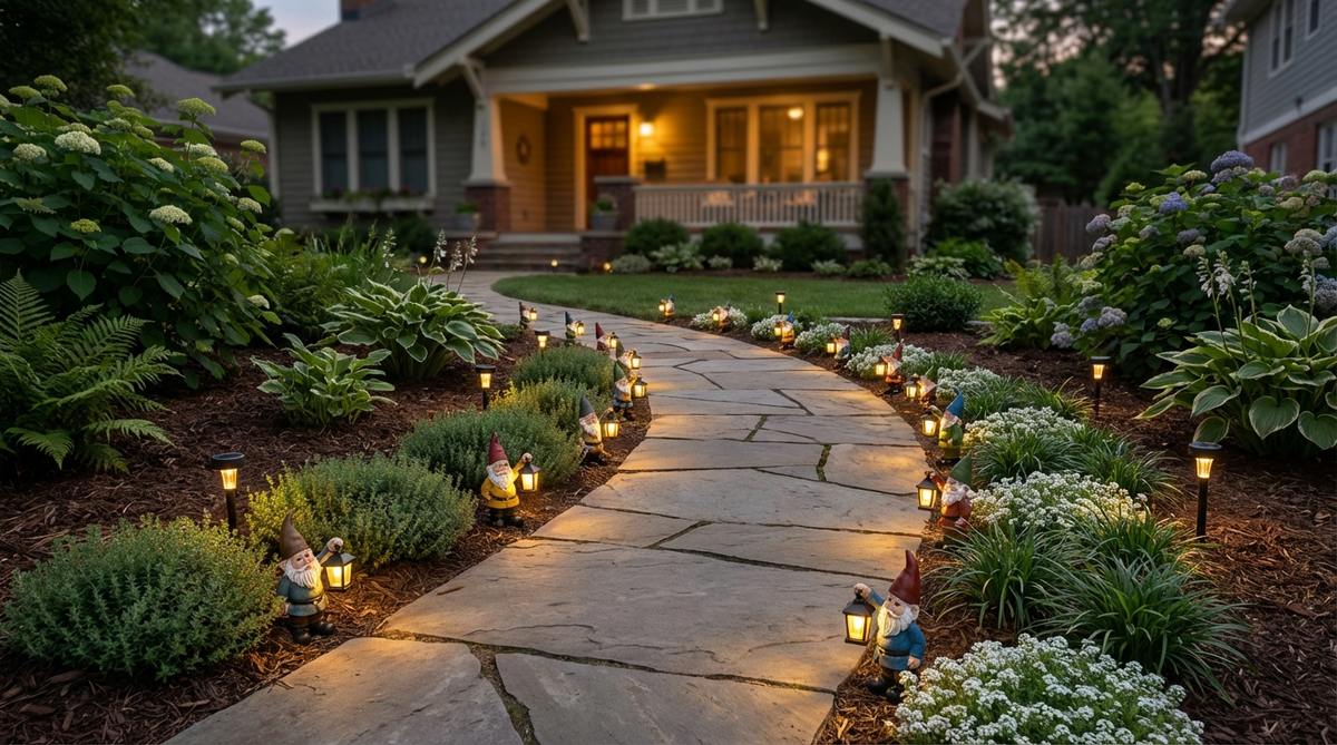 A row of mini garden gnomes holding faux lanterns along a curved garden path, creating a whimsical and cozy ambiance. They are spaced outside the walking line, alternating sides to guide guests, and paired with low edging plants like thyme, mondo grass, or alyssum for visibility and framing. Solar-powered lanterns add a subtle nighttime glow, enhancing safety and turning the path into an enchanting experience.