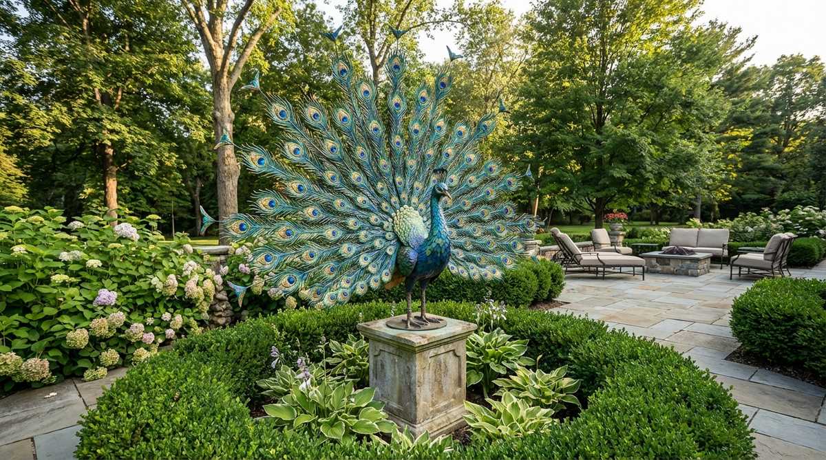 A detailed peacock garden sculpture with elaborate tail feathers fanned in full display, featuring iridescent blues, greens, and gold tones. Made from metal or resin, it captures ornate plumage patterns and is ideal for formal gardens or entertainment areas as a dramatic focal point.