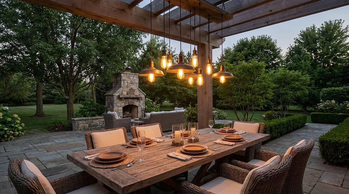 A cluster of outdoor-rated pendant lights hung at varying heights above a dining table or bar area, creating a dramatic focal point with functional task lighting for garden decor parties.