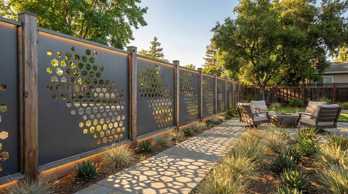A contemporary garden fence featuring laser-cut perforated metal screens with geometric patterns, such as hexagons or circles, that provide privacy while allowing air flow and filtered light. The design casts decorative shadows and can be backlit with LEDs for evening ambiance, made from galvanized steel or aluminum to suit various budgets.