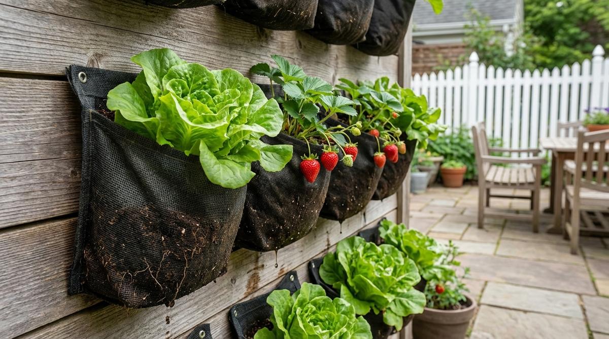 A close-up image showing a wall-mounted pocket planter system with fabric pouches filled with growing medium, featuring lettuces and strawberries thriving in a small garden space. The flexible fabric allows for proper root growth and drainage, ideal for maximizing vertical space in compact areas.
